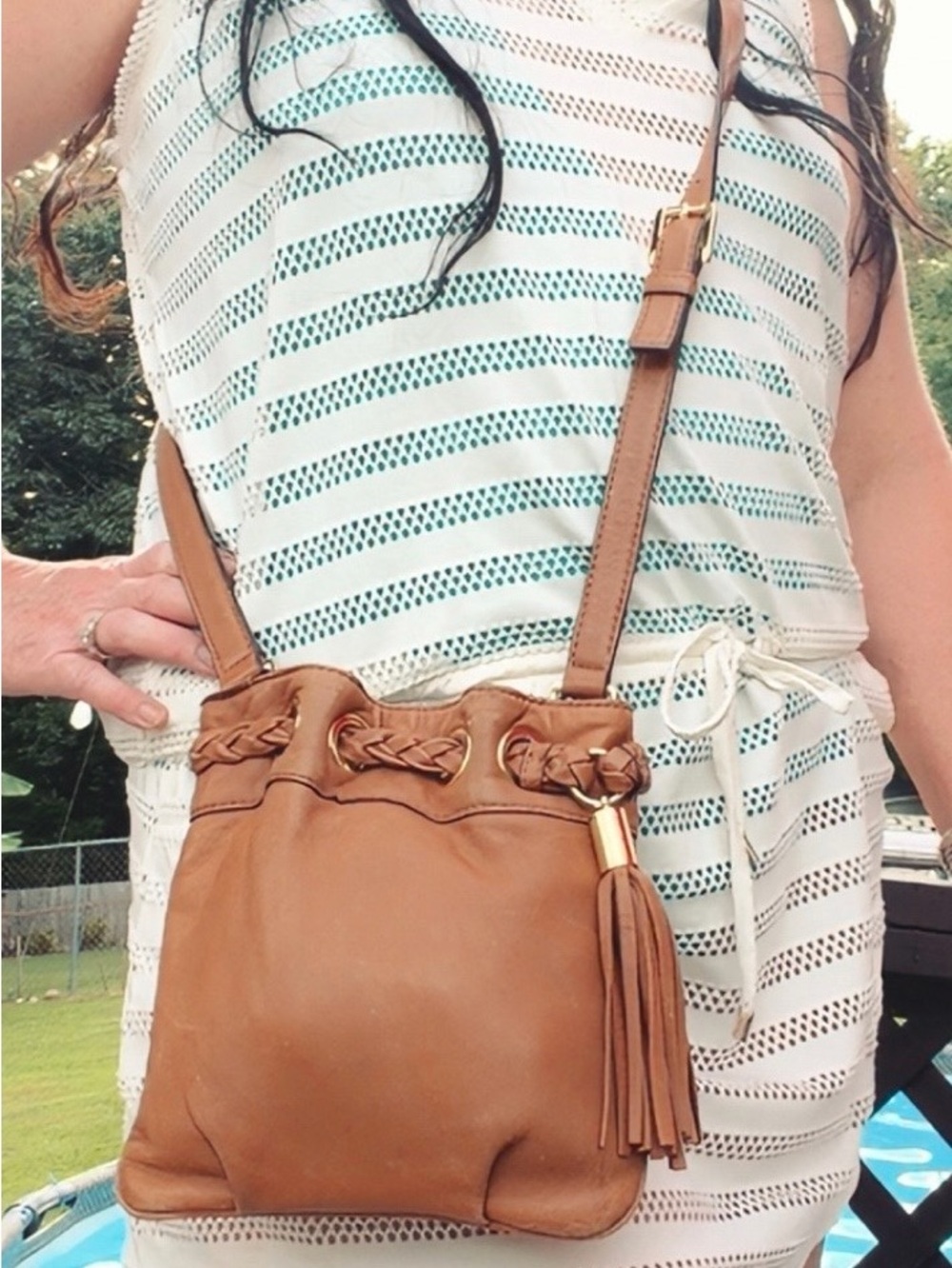 MICHAEL Michael Kors Tan Leather Braided Drawstring Crossbody